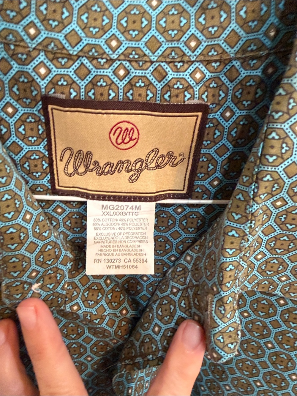 Wrangler Men’s Teal & Brown Geometric Print Button-Down Shirt